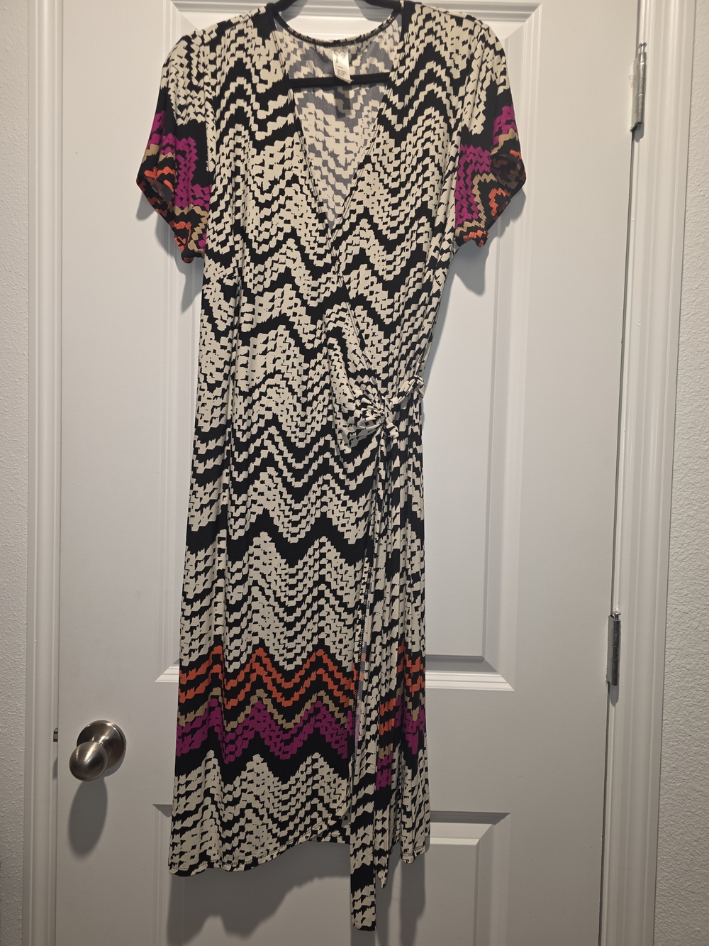 Emma & Michele Black and White Zigzag Wrap Dress with Pink and Orange Accents 1X